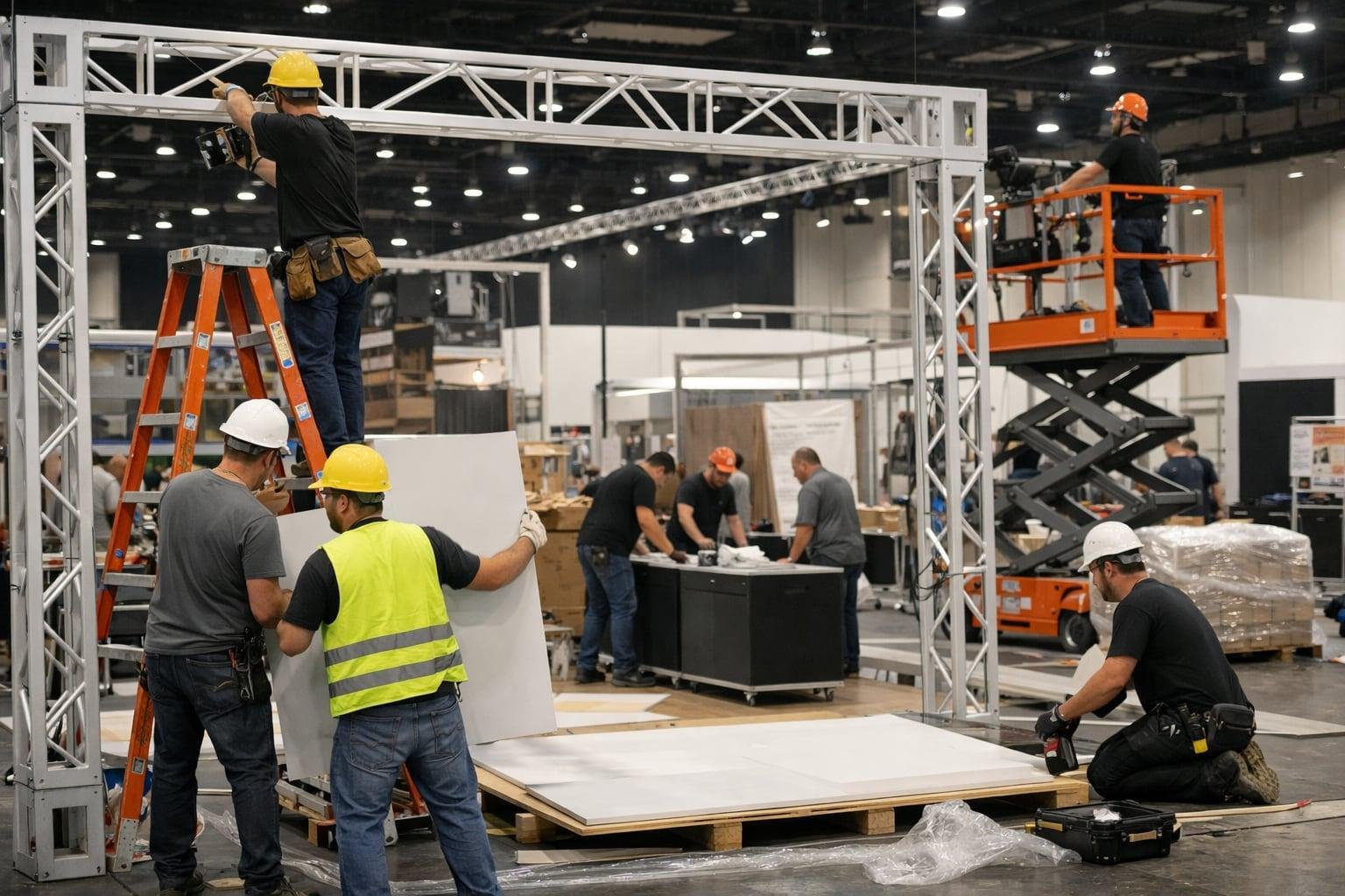 Exhibition stand builders in Houston assembling a custom booth 2026