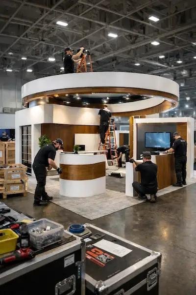 Professional exhibition stand builders in Houston during team preparing a trade show exhibit