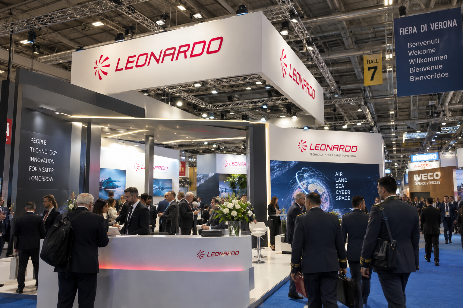 exhibition booth with product displays and meeting space at Veronafiere